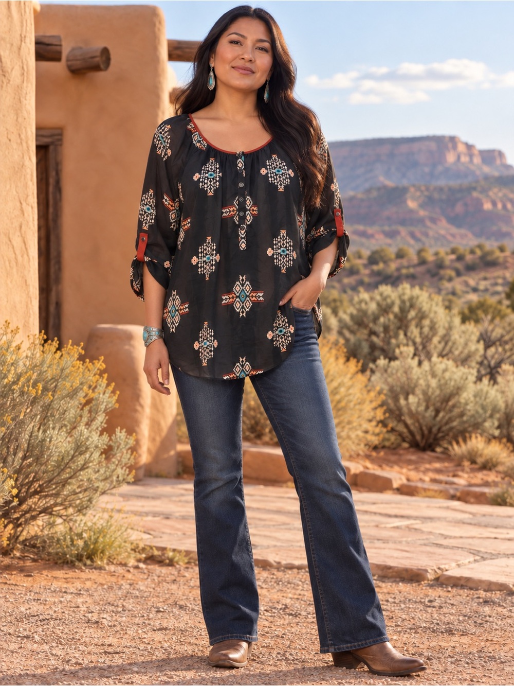 Daniel Rainn Black Southwestern Geometric Print Tunic Blouse